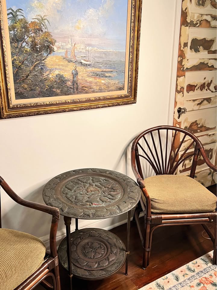 Brass Side Table | Vintage 2-Tier Tray Table | Pierced Botanical Metalwork, gallery view 3