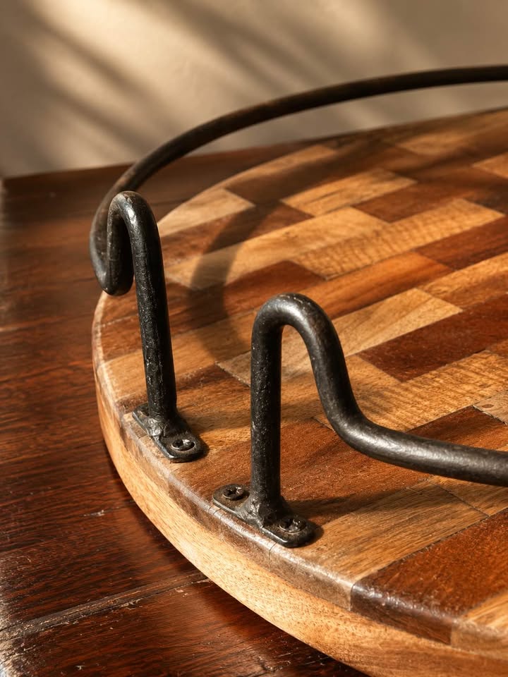 Round Parquet Wood & Iron Tray | Mixed Wood Gallery Tray, gallery view 2
