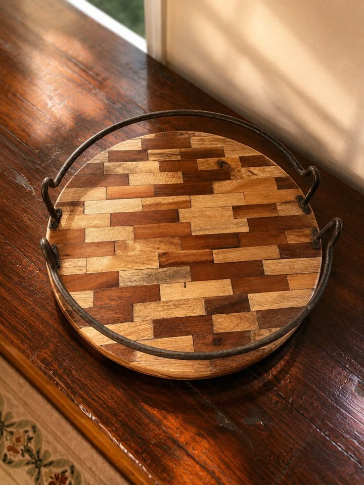 Round Parquet Wood & Iron Tray | Mixed Wood Gallery Tray, gallery view 3