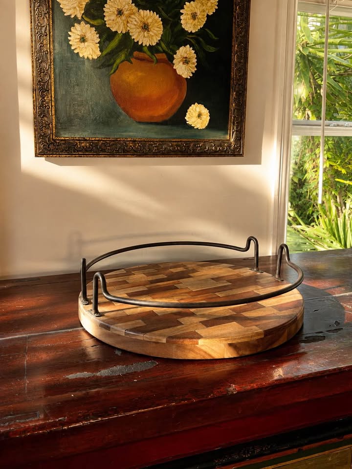 Round Parquet Wood & Iron Tray | Mixed Wood Gallery Tray, gallery view 4