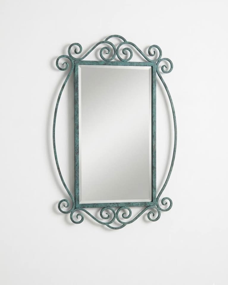 Wrought Iron Wall Mirror | Scrollwork Mediterranean Style | 40” H Verdigris Finish, gallery view 2