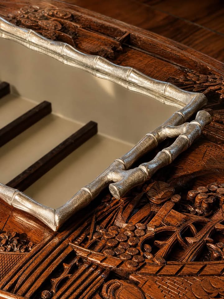 Vintage Faux Bamboo Mirrored Tray | Hollywood Regency, gallery view 2
