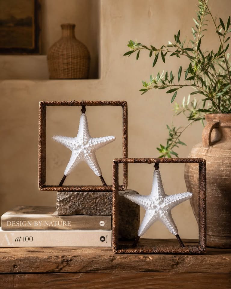 Pair of Palecek Starfish Shadow Boxes | Woven Rattan Coastal Wall Art, gallery view 2