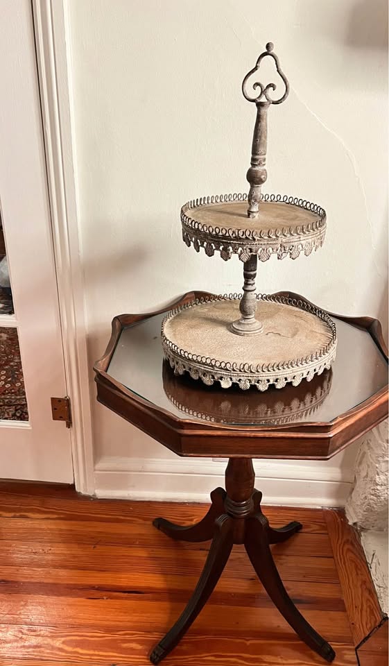 Vintage Two-Tier Metal Serving Stand | French Country Dessert Stand | Farmhouse Centerpiece & Entert, gallery view 2