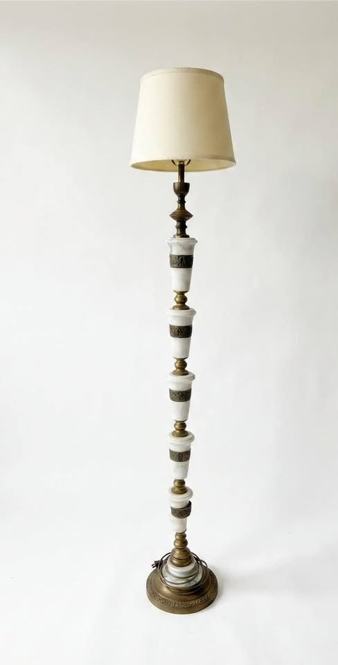 Mid Century Marble & Brass Floor Lamp | Asian Regency Style Column, gallery view 2