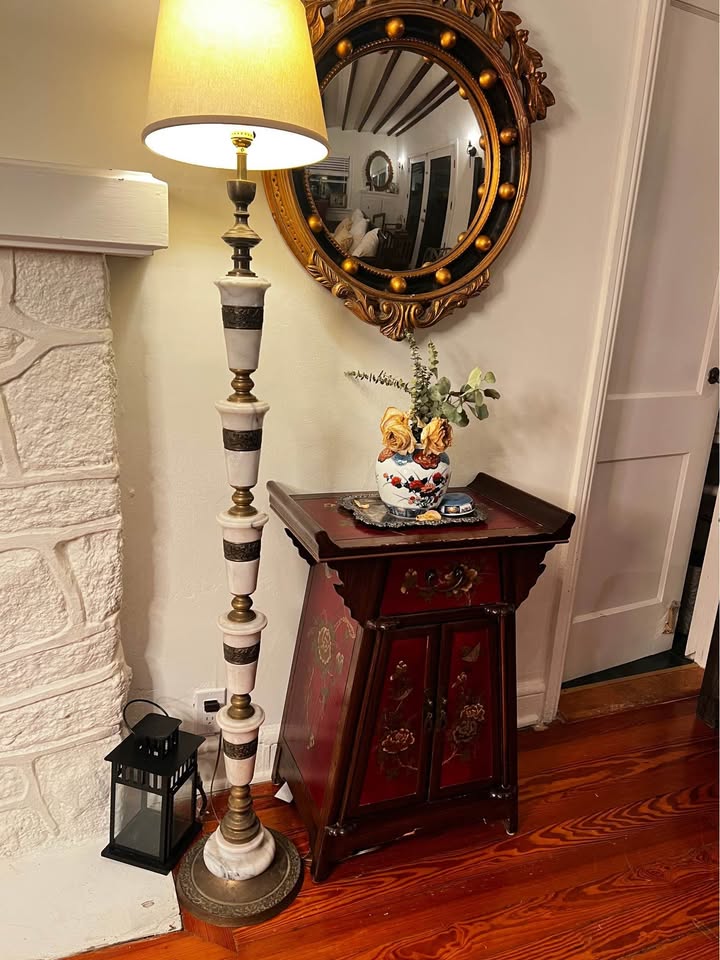 Mid Century Marble & Brass Floor Lamp | Asian Regency Style Column, gallery view 3