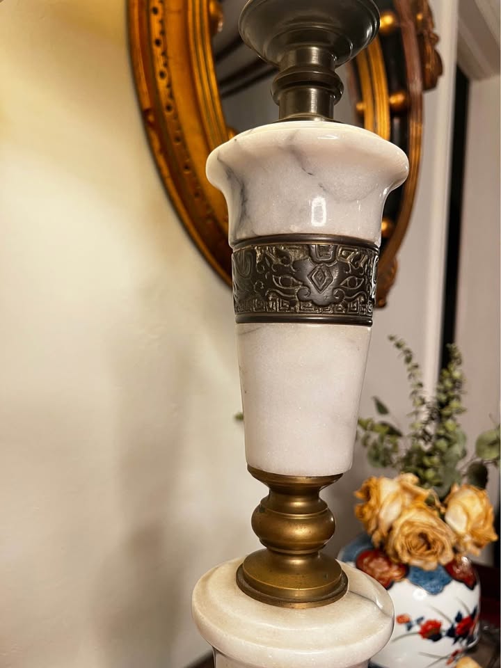 Mid Century Marble & Brass Floor Lamp | Asian Regency Style Column, gallery view 4