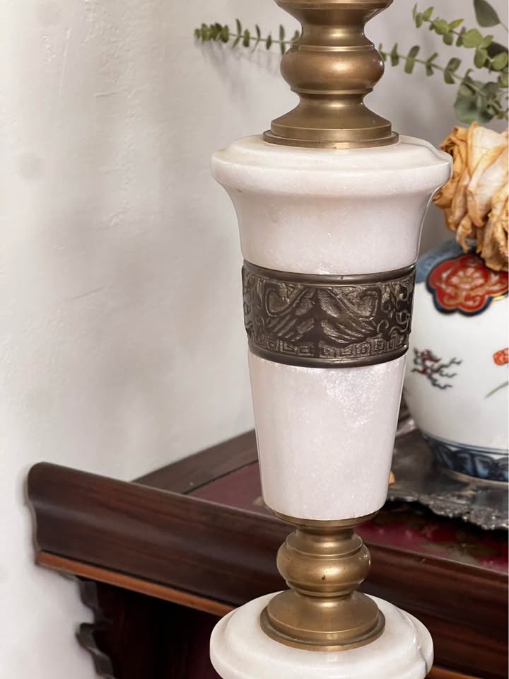 Mid Century Marble & Brass Floor Lamp | Asian Regency Style Column, gallery view 5
