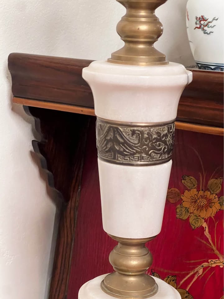 Mid Century Marble & Brass Floor Lamp | Asian Regency Style Column, gallery view 6