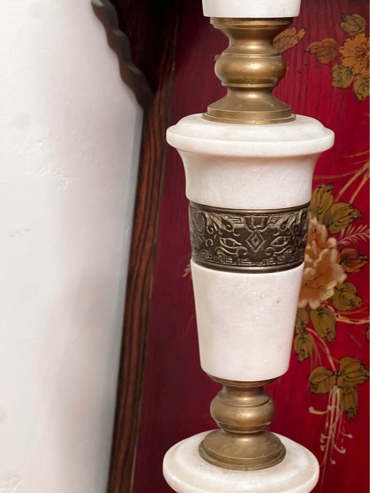 Mid Century Marble & Brass Floor Lamp | Asian Regency Style Column, gallery view 7