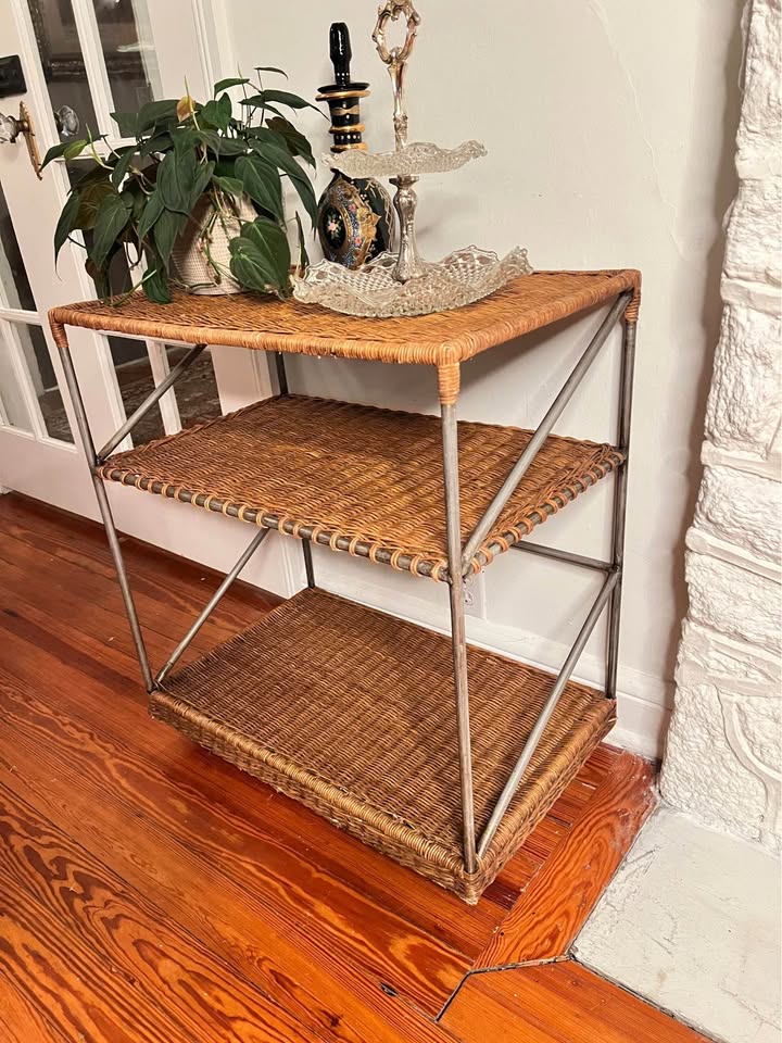Vintage Wicker Bar Cart | Three-Tier Metal Rolling Server | Shelving, gallery view 10