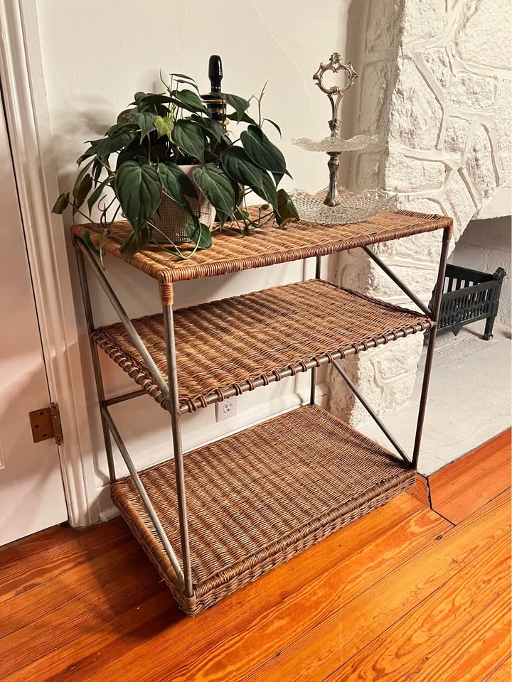 Vintage Wicker Bar Cart | Three-Tier Metal Rolling Server | Shelving, gallery view 2