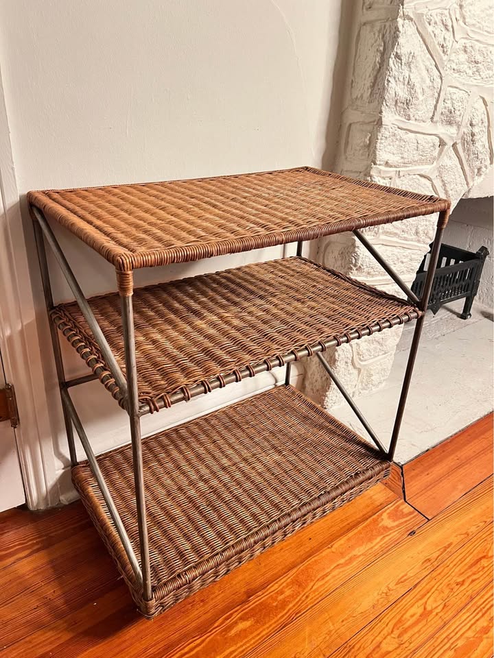Vintage Wicker Bar Cart | Three-Tier Metal Rolling Server | Shelving, gallery view 3