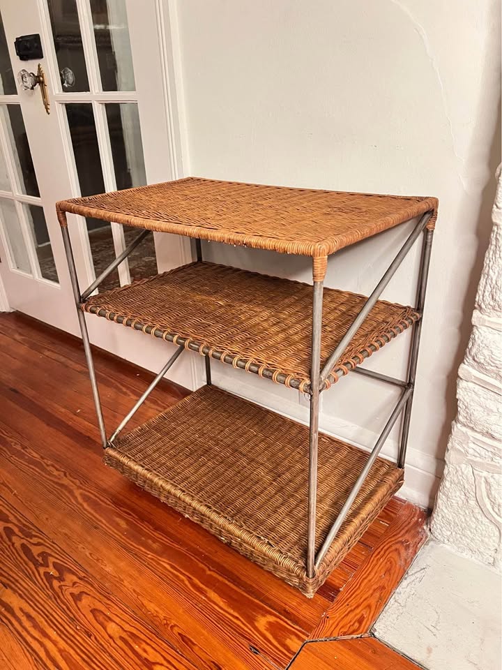 Vintage Wicker Bar Cart | Three-Tier Metal Rolling Server | Shelving, gallery view 4