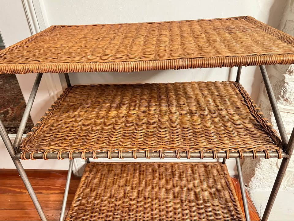 Vintage Wicker Bar Cart | Three-Tier Metal Rolling Server | Shelving, gallery view 5