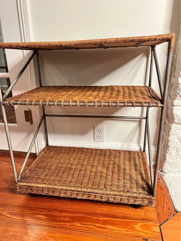Vintage Wicker Bar Cart | Three-Tier Metal Rolling Server | Shelving, gallery view 6