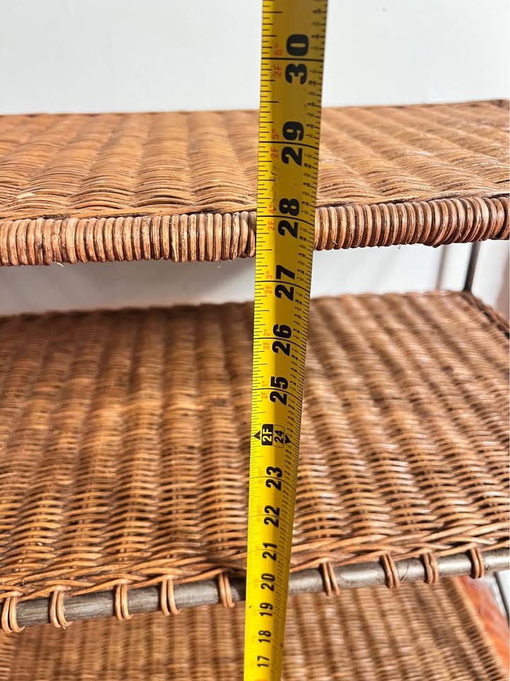 Vintage Wicker Bar Cart | Three-Tier Metal Rolling Server | Shelving, gallery view 9