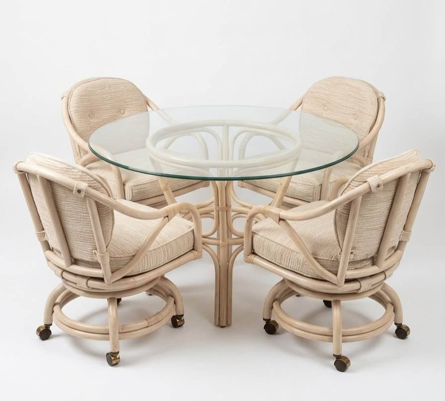 Rattan Dining Set | Classic Rattan Glass Top Table & 4 Swivel Chairs, gallery view 3