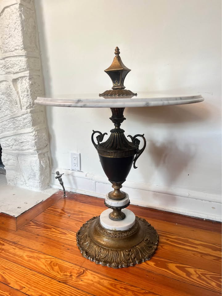 Marble Pedestal Table | Italian Neoclassical Side Table | Bronze Urn Base 30”, gallery view 10