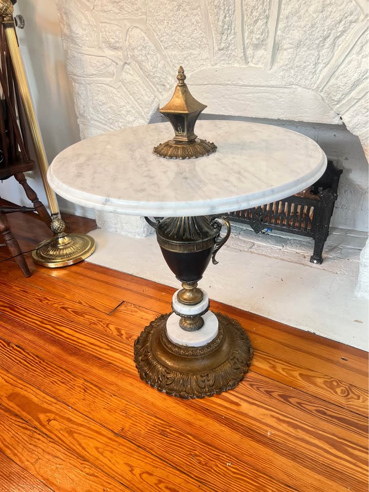 Marble Pedestal Table | Italian Neoclassical Side Table | Bronze Urn Base 30”, gallery view 2