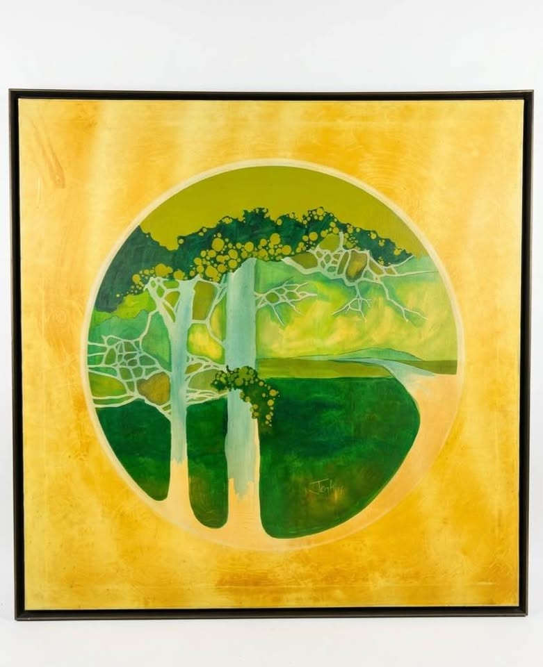 Large Abstract Painting 38x38 | Green Ochre Framed Wall Art, gallery view 2