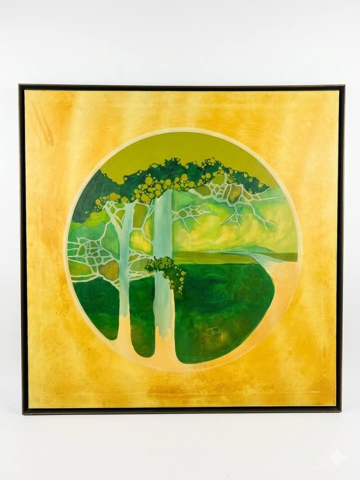 Large Abstract Painting 38x38 | Green Ochre Framed Wall Art, gallery view 6