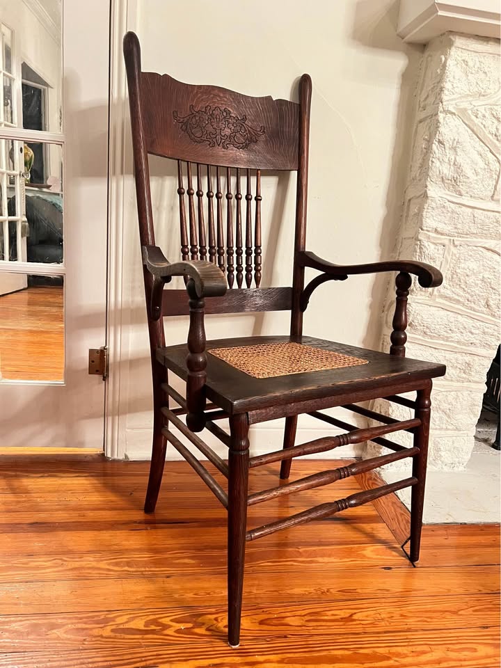 Antique Pressback Oak Armchair | Victorian c.1900 | Quartersawn Oak with Cane Seat, gallery view 2