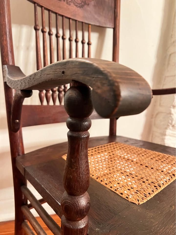 Antique Pressback Oak Armchair | Victorian c.1900 | Quartersawn Oak with Cane Seat, gallery view 5