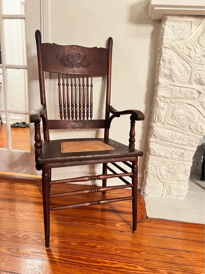 Antique Pressback Oak Armchair | Victorian c.1900 | Quartersawn Oak with Cane Seat, gallery view 9