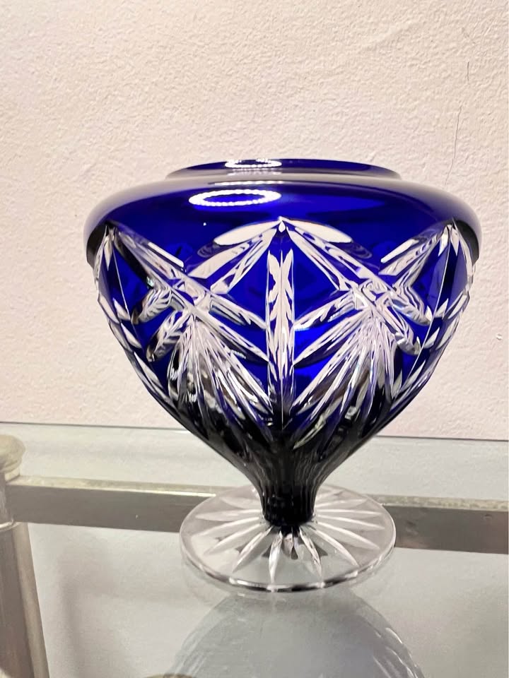 Cobalt Cut Crystal Bowl | Vintage Pedestal Accent, gallery view 2