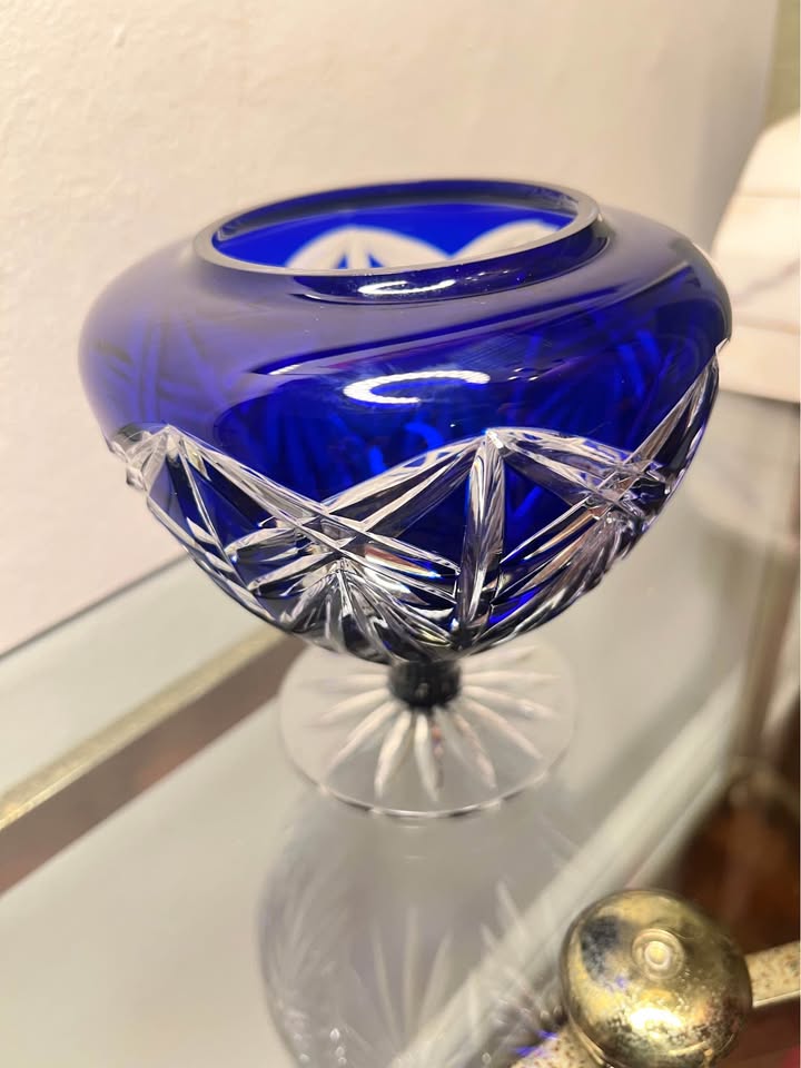 Cobalt Cut Crystal Bowl | Vintage Pedestal Accent, gallery view 5