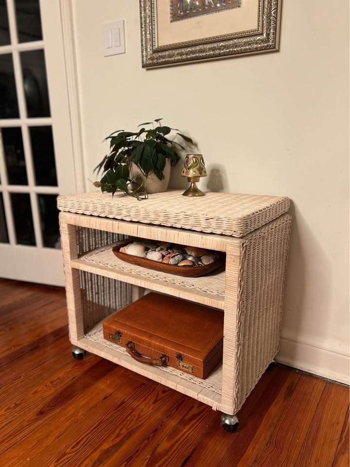 White Wicker Bar Cart | Coastal Rattan Serving Cart on Casters | Vintage Console, gallery view 2