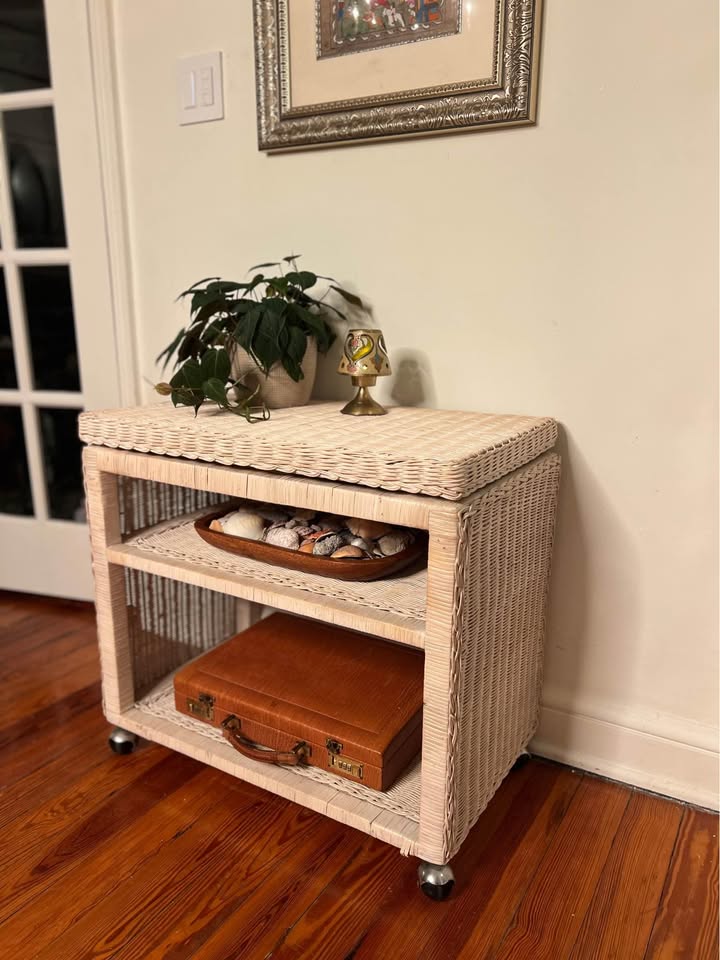 White Wicker Bar Cart | Coastal Rattan Serving Cart on Casters | Vintage Console, gallery view 3