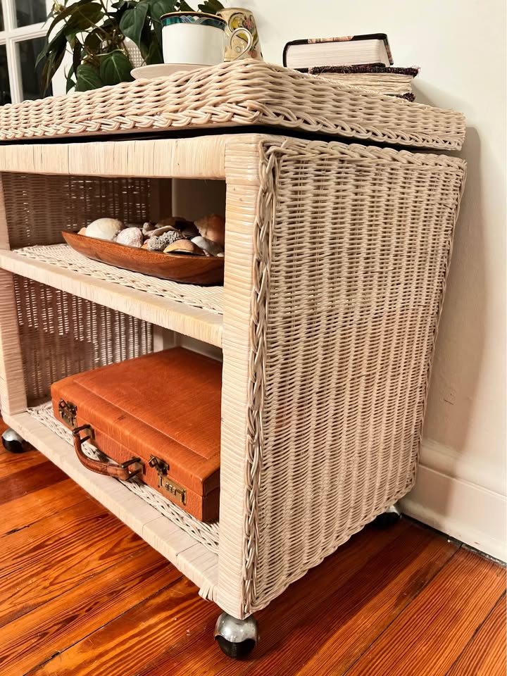White Wicker Bar Cart | Coastal Rattan Serving Cart on Casters | Vintage Console, gallery view 5