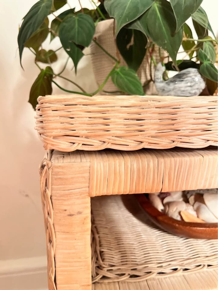 White Wicker Bar Cart | Coastal Rattan Serving Cart on Casters | Vintage Console, gallery view 6