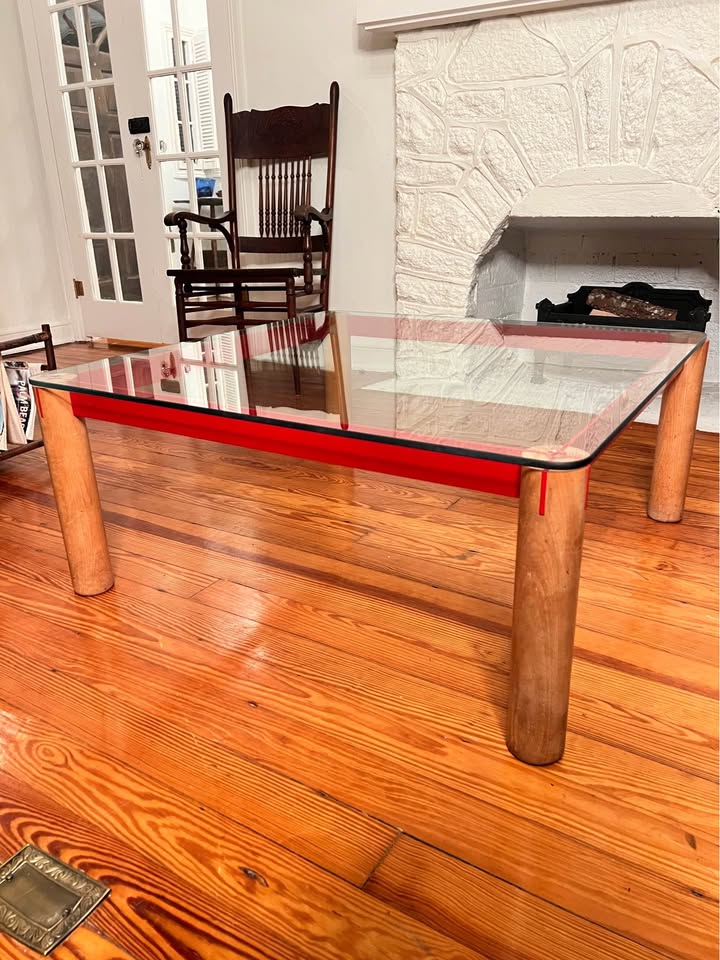 Postmodern Glass Coffee Table | 1980s Memphis Style | Oak and Red Enameled Steel, gallery view 2