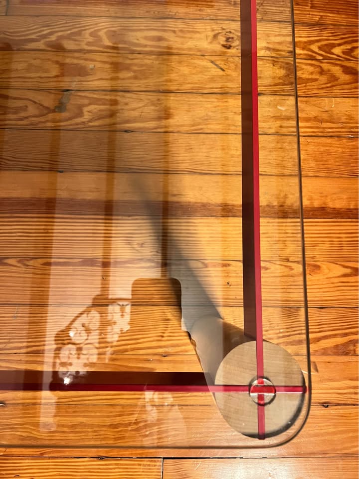Postmodern Glass Coffee Table | 1980s Memphis Style | Oak and Red Enameled Steel, gallery view 3