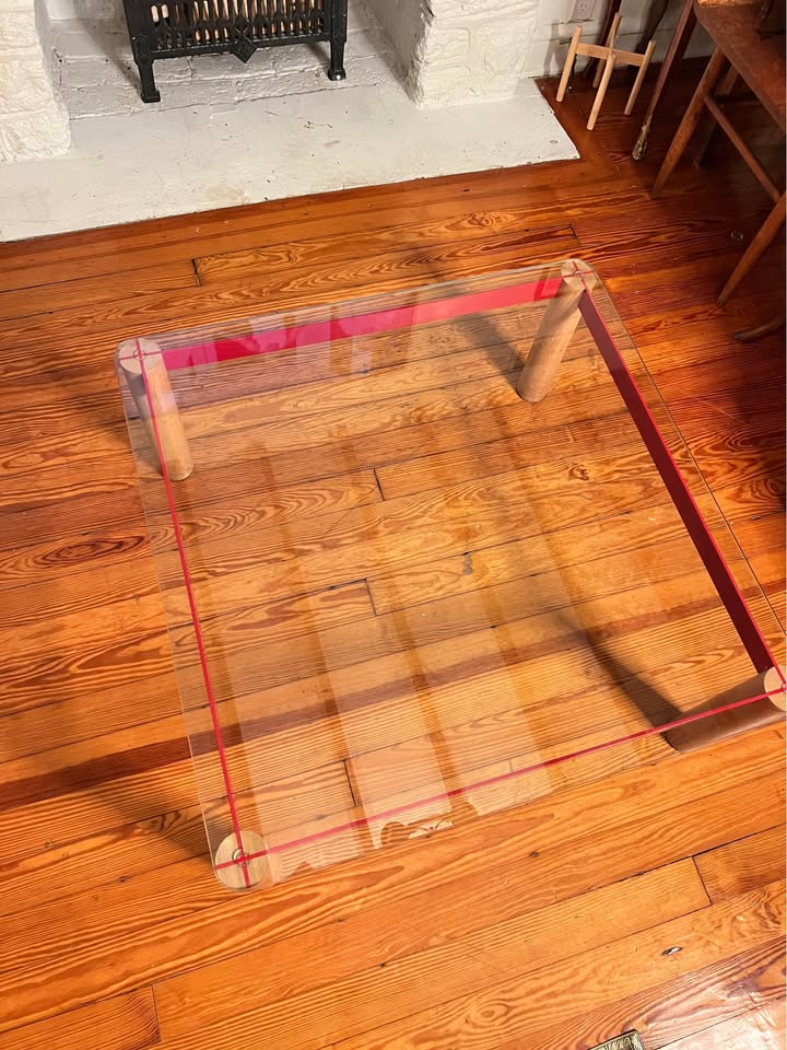 Postmodern Glass Coffee Table | 1980s Memphis Style | Oak and Red Enameled Steel, gallery view 4