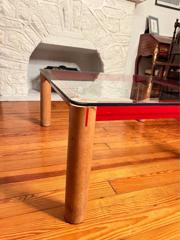 Postmodern Glass Coffee Table | 1980s Memphis Style | Oak and Red Enameled Steel, gallery view 5
