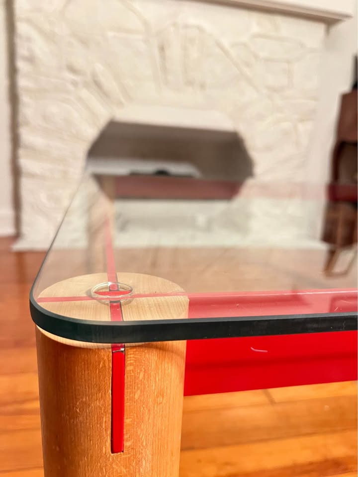 Postmodern Glass Coffee Table | 1980s Memphis Style | Oak and Red Enameled Steel, gallery view 6