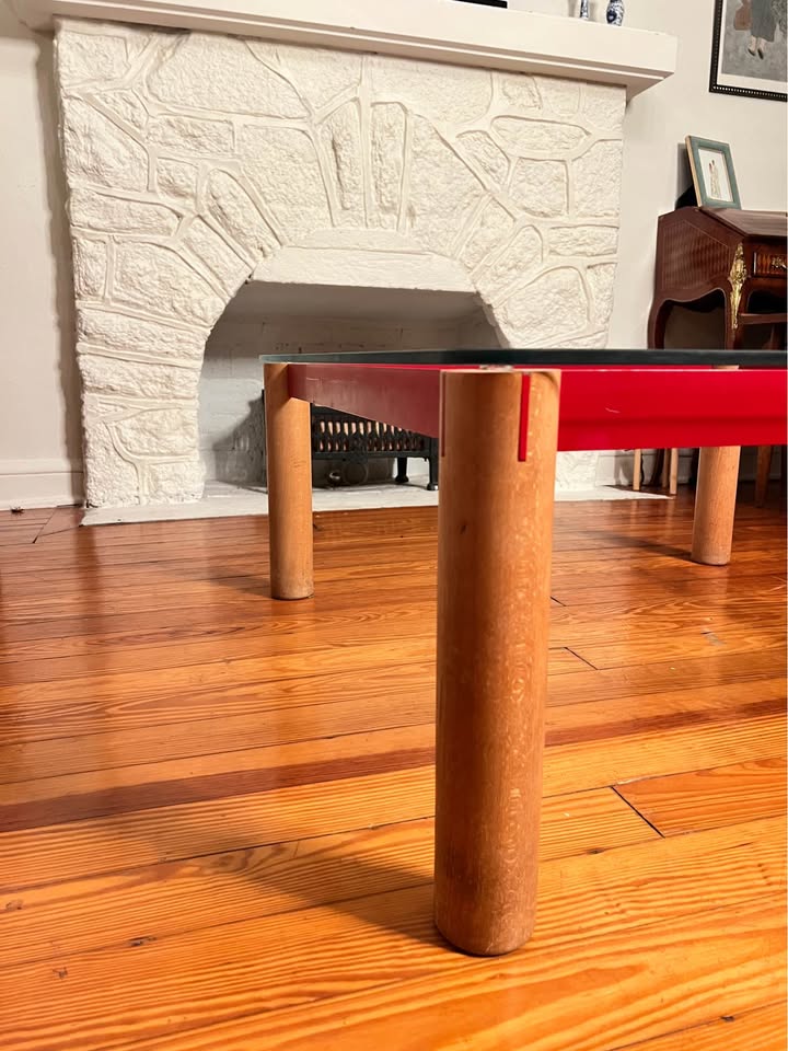 Postmodern Glass Coffee Table | 1980s Memphis Style | Oak and Red Enameled Steel, gallery view 7