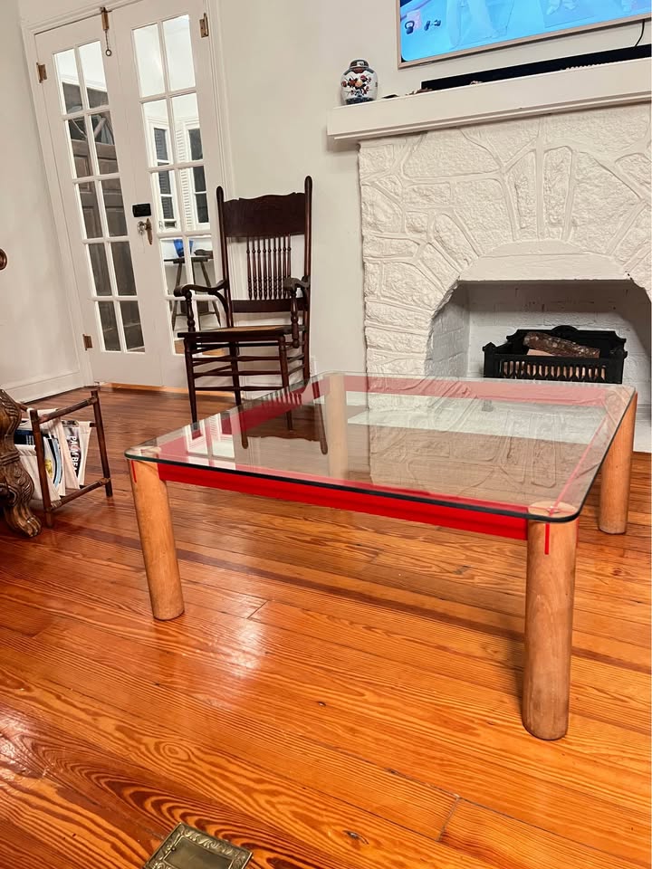 Postmodern Glass Coffee Table | 1980s Memphis Style | Oak and Red Enameled Steel, gallery view 8