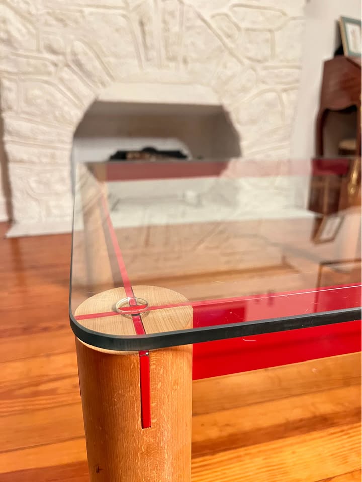Postmodern Glass Coffee Table | 1980s Memphis Style | Oak and Red Enameled Steel, gallery view 9