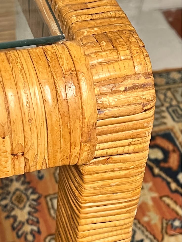 Vintage Rattan Wrapped Coffee Table | Glass Top | Palm Beach Coastal Style, gallery view 2