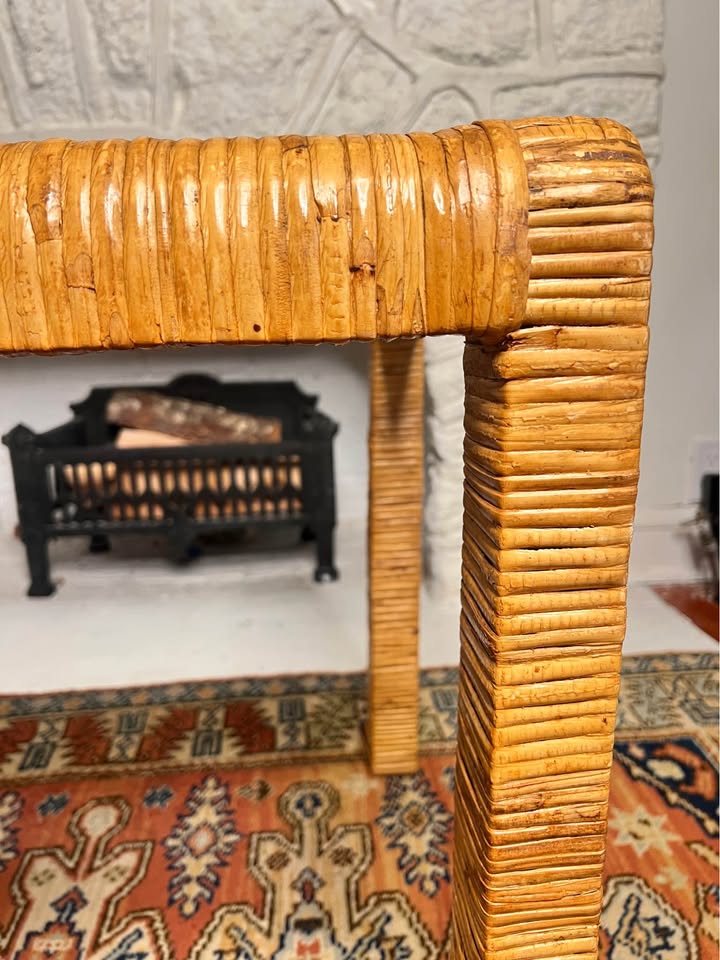 Vintage Rattan Wrapped Coffee Table | Glass Top | Palm Beach Coastal Style, gallery view 3
