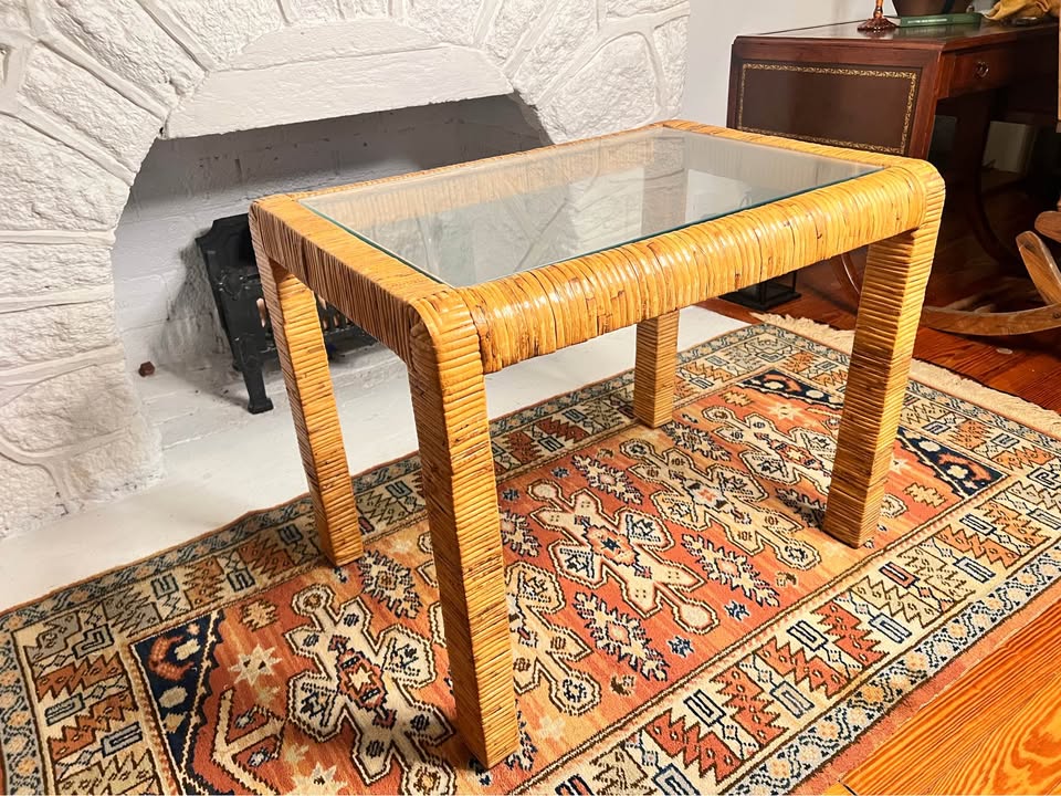Vintage Rattan Wrapped Coffee Table | Glass Top | Palm Beach Coastal Style, gallery view 4