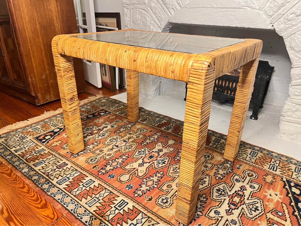 Vintage Rattan Wrapped Coffee Table | Glass Top | Palm Beach Coastal Style, gallery view 5