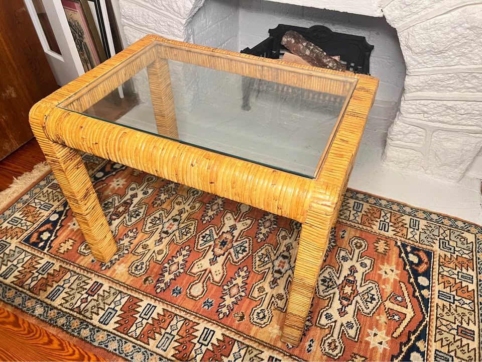 Vintage Rattan Wrapped Coffee Table | Glass Top | Palm Beach Coastal Style, gallery view 6