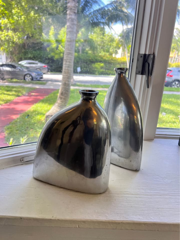 Modern Cast Aluminum Sculptural Vase Set | Organic Contemporary Decor Pair, gallery view 2