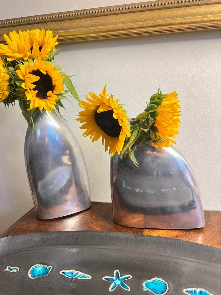 Modern Cast Aluminum Sculptural Vase Set | Organic Contemporary Decor Pair, gallery view 7